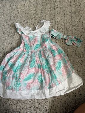 Tommy Bahama Girls Dress with Pink and Mint Leaf Print matching headband 2t Euc